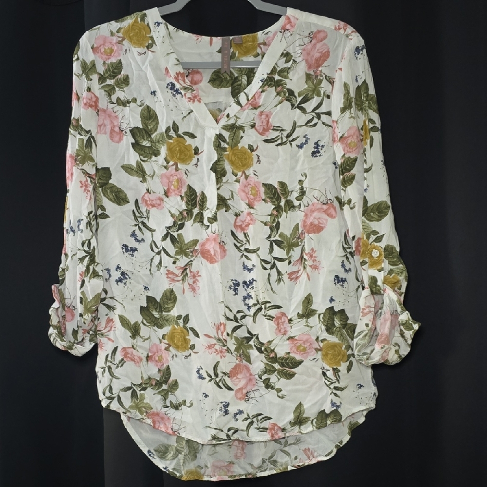 Floral V-Neck Blouse - Pink and Green